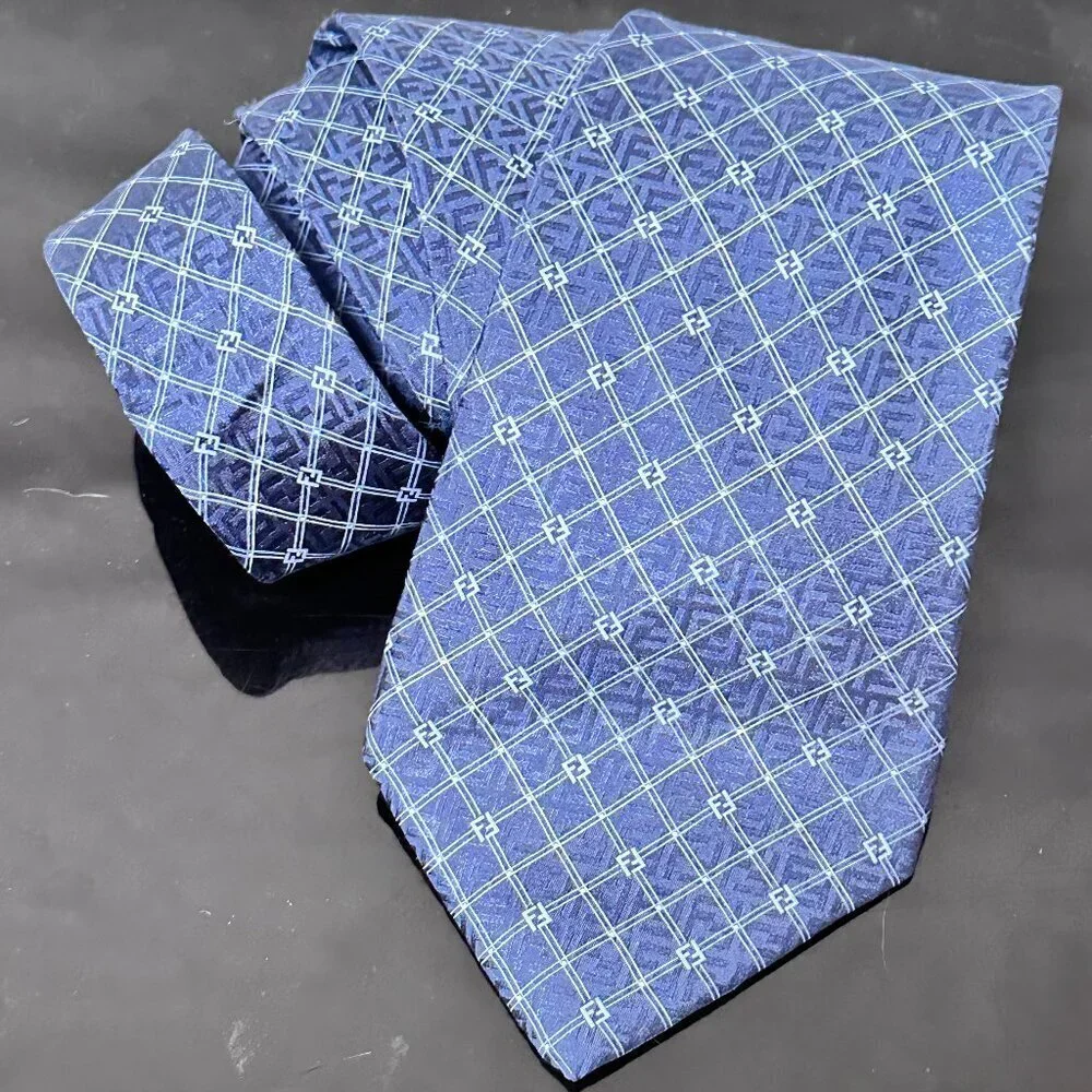 Fendi Logo Silk Tie Necktie Neckwear Mens Royal Blue Luxury Geometric Abstract